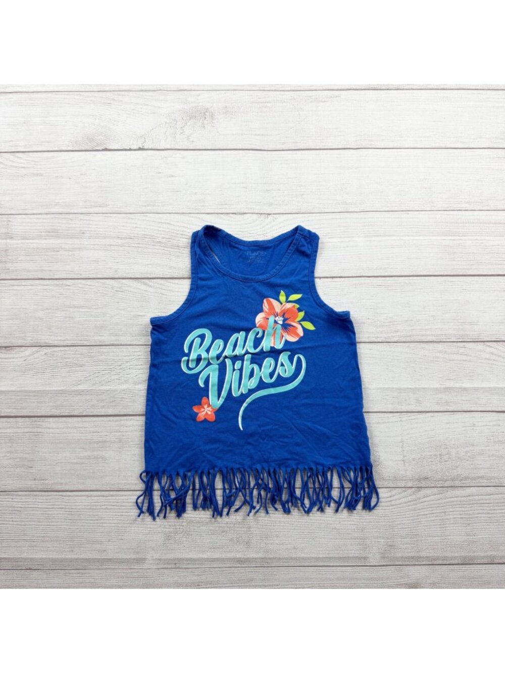 Children’s Place Girls Blue Fringe "Beach Vibes" Graphic Tank Top M 7-8